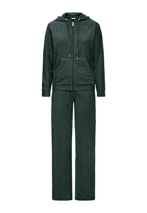 Donkergroene fleece trainingspak met een zip-up hoodie en voorzakken, en bijpassende sweatpants met een relaxte pasvorm.