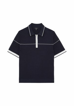 Polo shirt blu navy a maniche corte con zip a metà. Presenta dettagli a righe bianche lungo il colletto e le maniche. Realizzato in un tessuto texturizzato.