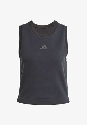 Un haut sans manches gris foncé en tissu doux, avec un décolleté rond et un logo à l'avant dans une teinte plus foncée. Il présente une coupe décontractée et des coutures propres.