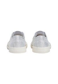 Silver sneaker with a textured upper, white rubber sole, and minimalistic design. Features a low profile and slip-on style.