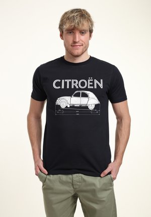 Black cotton t-shirt featuring a white printed design of a Citroën car with a technical outline and "CITROËN" text above.