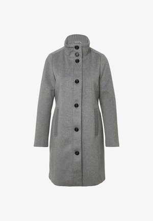 Gray wool coat with a high collar, six black buttons, and two side pockets with ribbed accents. Straight cut and textured fabric.