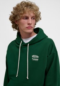 Green hooded sweatshirt made of soft fabric, featuring a front logo, beige drawstrings, and a relaxed fit. Simple design without patterns.