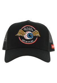 Gorra de camionero negra con laterales de malla, que presenta un parche bordado circular que representa un ojo con alas y el texto "MANTEN UN OJO ABIERTO."