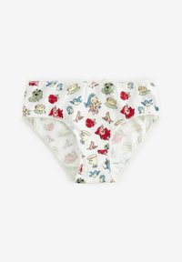Biancheria intima bianca con una stampa colorata di personaggi dei cartoni, fiori e tazze. Include un bordo in pizzo e un piccolo fiocco decorativo nella parte anteriore.
