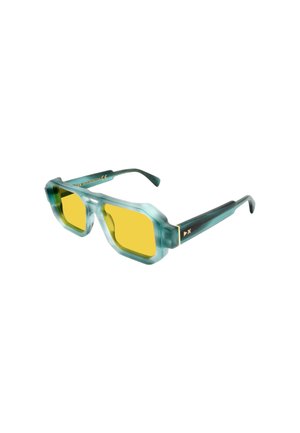 Blue-tinted, transparent hexagonal sunglasses with yellow lenses; robust black temples feature gold accents and branding on one side.