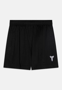 Schwarze Sportshorts aus leichtem Stoff, mit elastischem Bund, seitlichen Taschen und einem kleinen weißen Logo unten rechts.