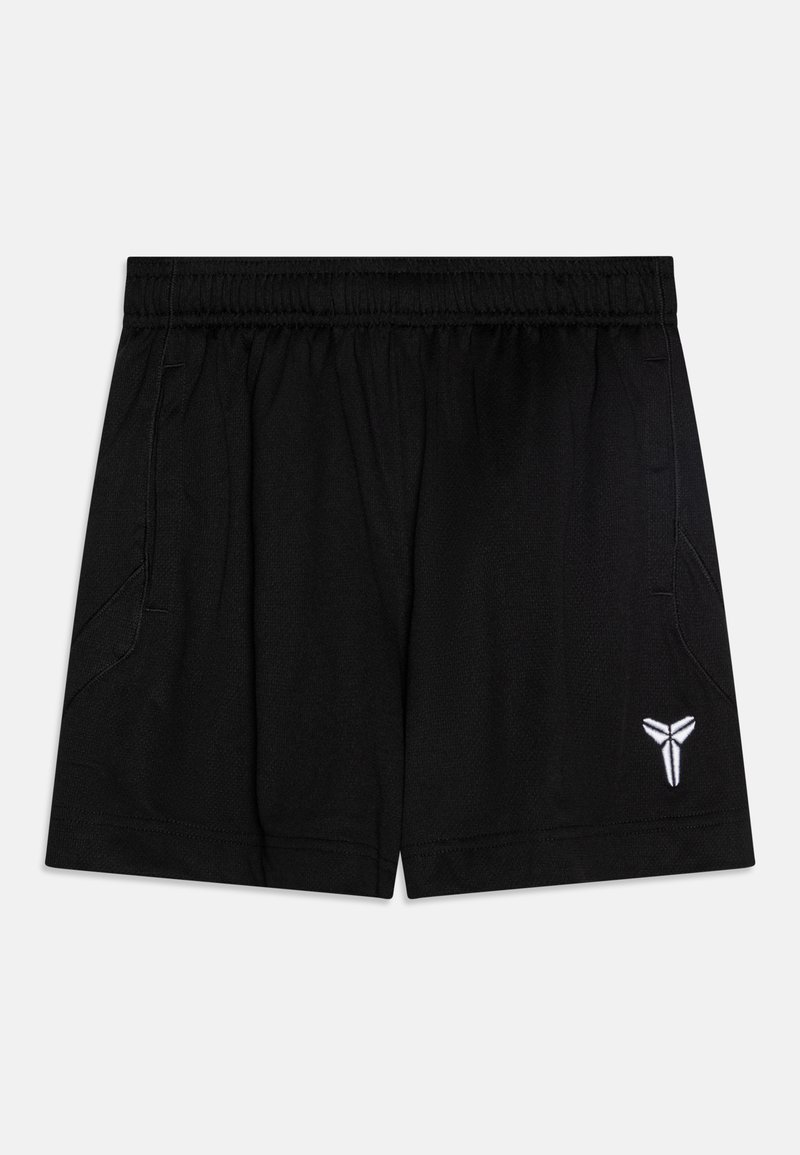 Schwarze Sportshorts aus leichtem Stoff, mit elastischem Bund, seitlichen Taschen und einem kleinen weißen Logo unten rechts.