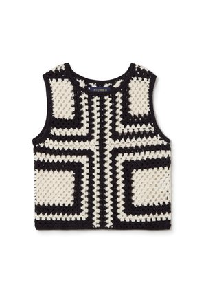 Top sin mangas de ganchillo en blanco y negro que presenta patrones geométricos y cuadrados texturizados. La etiqueta dice "PIOMBO" en el cuello.