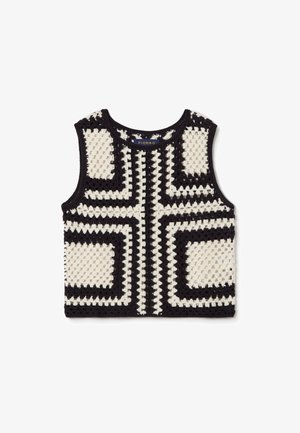 Top sin mangas de ganchillo en blanco y negro que presenta patrones geométricos y cuadrados texturizados. La etiqueta dice "PIOMBO" en el cuello.