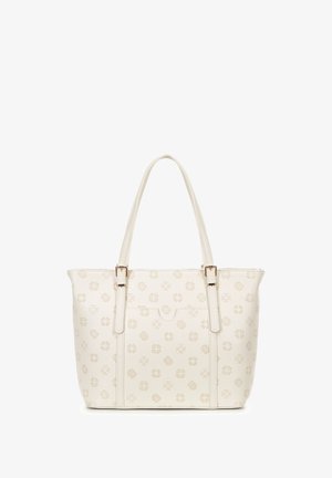 Sac fourre-tout blanc avec motifs floraux et géométriques en relief, texture lisse, doubles poignées et accents de quincaillerie ton or.