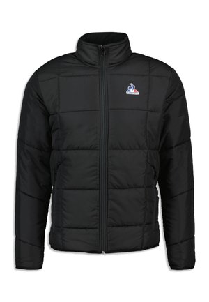 Black padded jacket with a high collar, featuring a front zipper, side pockets, and a small logo on the upper left side. Smooth texture.