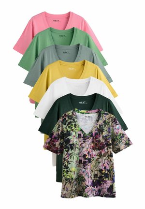 Seven cotton v-neck t-shirts in various solid colors: pink, green, gray, yellow, white, dark green, and a floral patterned shirt at the bottom.
