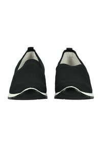 Scarpe slip-on in maglia nera con tomaia testurizzata, dotate di una suola in gomma bianca e di un anello sul retro per una facile indossabilità.