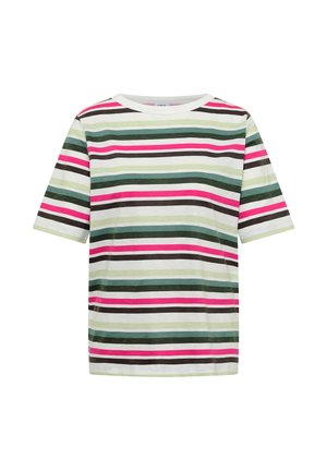 Tričko s krátkým rukávem a kulatým výstřihem s vodorovnými pruhy v bílé, zelené, růžové a hnědé barvě na bílém pozadí.