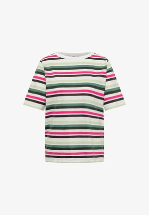 Tričko s krátkým rukávem a kulatým výstřihem s vodorovnými pruhy v bílé, zelené, růžové a hnědé barvě na bílém pozadí.