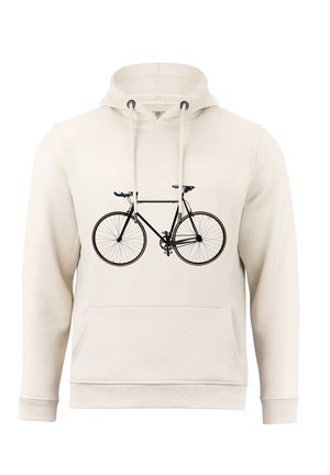 Beige hoodie with a front graphic of a black bicycle, featuring brown rims and detailed handlebars. Made from soft fabric with a kangaroo pocket.
