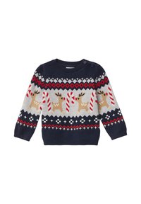 Granatowy sweter z dzianiny z motywem renifera i cukrowej laski, z czerwonymi i beżowymi akcentami oraz guziczkami na ramionach.