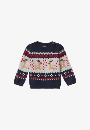 Marineblauwe gebreide trui met een feestelijk patroon van een rendier en zuurstokken, met rode en beige accenten, en een knoopdetail op de schouder.