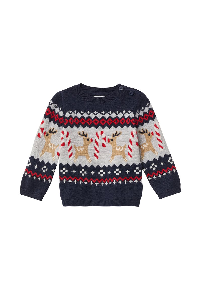 Granatowy sweter z dzianiny z motywem renifera i cukrowej laski, z czerwonymi i beżowymi akcentami oraz guziczkami na ramionach.