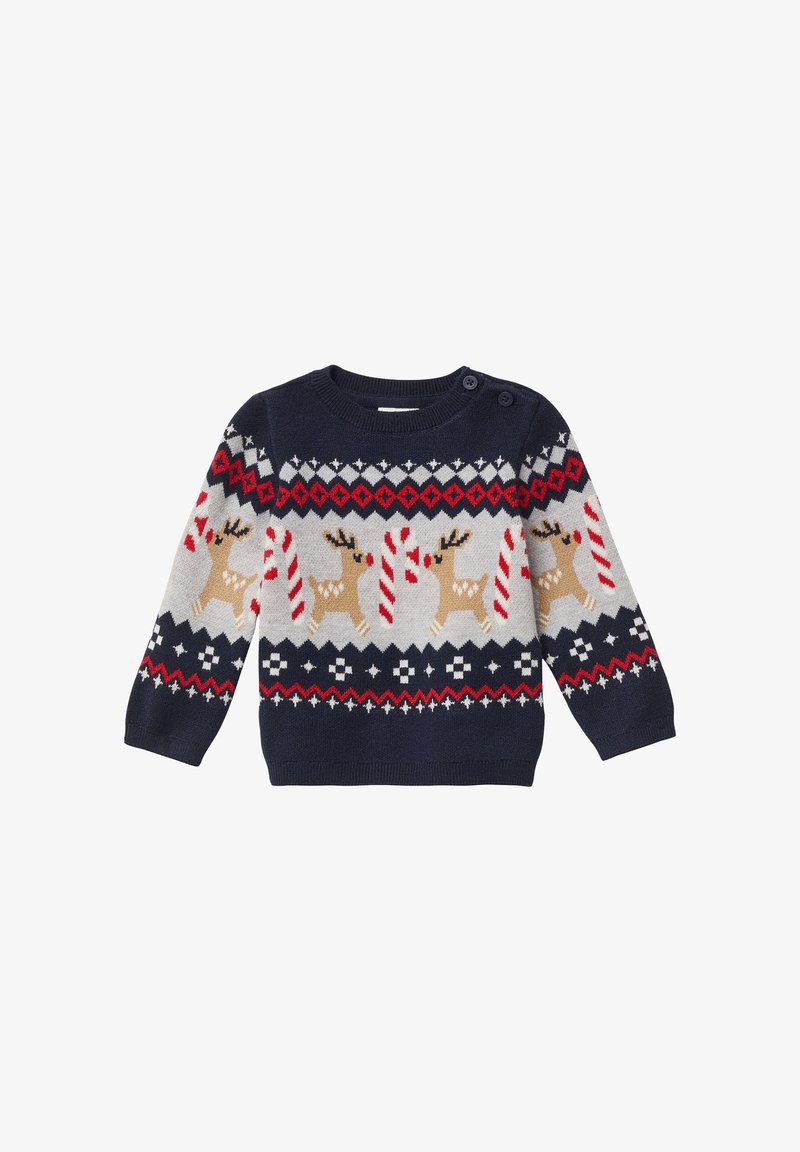 Granatowy sweter z dzianiny z motywem renifera i cukrowej laski, z czerwonymi i beżowymi akcentami oraz guziczkami na ramionach.