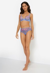 Σετ εσωρούχων από γαλάζια δαντέλα που περιλαμβάνει σουτιέν με ροζ κεντήματα με λουλούδια και ταίριαστο ψηλόμεσο εσώρουχο, ημιδιάφανο υλικό.