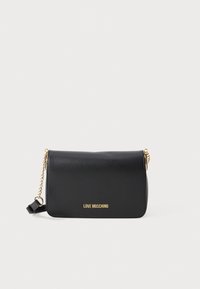 Black leather shoulder bag with gold chain strap, flat design, and a visible logo at the front. Smooth texture and minimalistic shape.