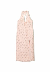 Vestido halter floral rosa con un escote pronunciado, cierre atado y una abertura lateral alta hasta el muslo. Hecho de una tela ligera y texturizada.
