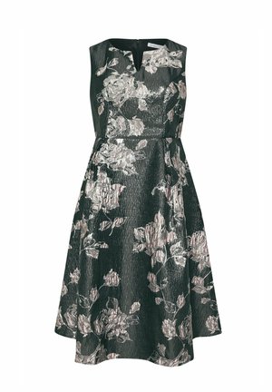 Ærmeløs sort A-formet kjole med tekstureret stof, der har et sølvfarvet blomsterprint og en lille V-formet udskæring ved halsen.