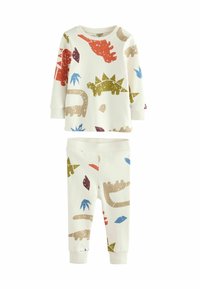 Kinder-Pyjama-Set aus weicher Baumwolle in Cremefarbe mit bunten Dinosaurier- und Blattmustern. Mit langen Ärmeln und elastischem Bund.