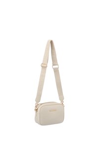 Borsa a tracolla beige Valentino con logo dorato, tracolla larga regolabile con la scritta "VALENTINO" in rilievo e scomparto principale con cerniera.