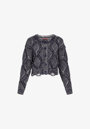 Marineblå kort cardigan med et tekstureret diamantmønster, der har lange ærmer, en rund halsudskæring og knaplukning foran.