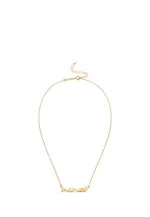 Delicado collar de cadena de oro con la palabra "mama" y un pequeño colgante en forma de corazón sobre fondo blanco.