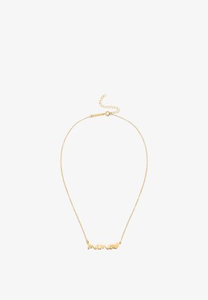 Zarte Goldkette mit dem Wort "Mama" und einem kleinen Herzanhänger auf weißem Hintergrund.