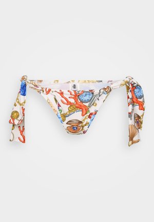 Bikini-Höschen mit weißem Grund und bunten, meeresinspirierten Mustern. Mit Bindebändern an den Seiten, aus dehnbarem, glattem Stoff gefertigt.
