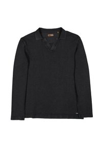 Schwarzes, langärmliges Poloshirt aus strukturiertem Stoff mit V-förmigem Kragen und kontrastierendem Kragen-Detail. Dezentes Markenzeichen am Saum.