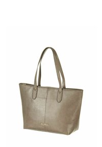 Sac fourre-tout gris texturé avec un motif crocodile, doté de deux poignées allongées et d'un logo doré à l'avant. Design épuré et structuré.