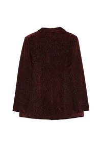 Blazer bordeaux con una morbida texture in velluto, dotato di un colletto a punta e un sottile motivo a pois sul tessuto.