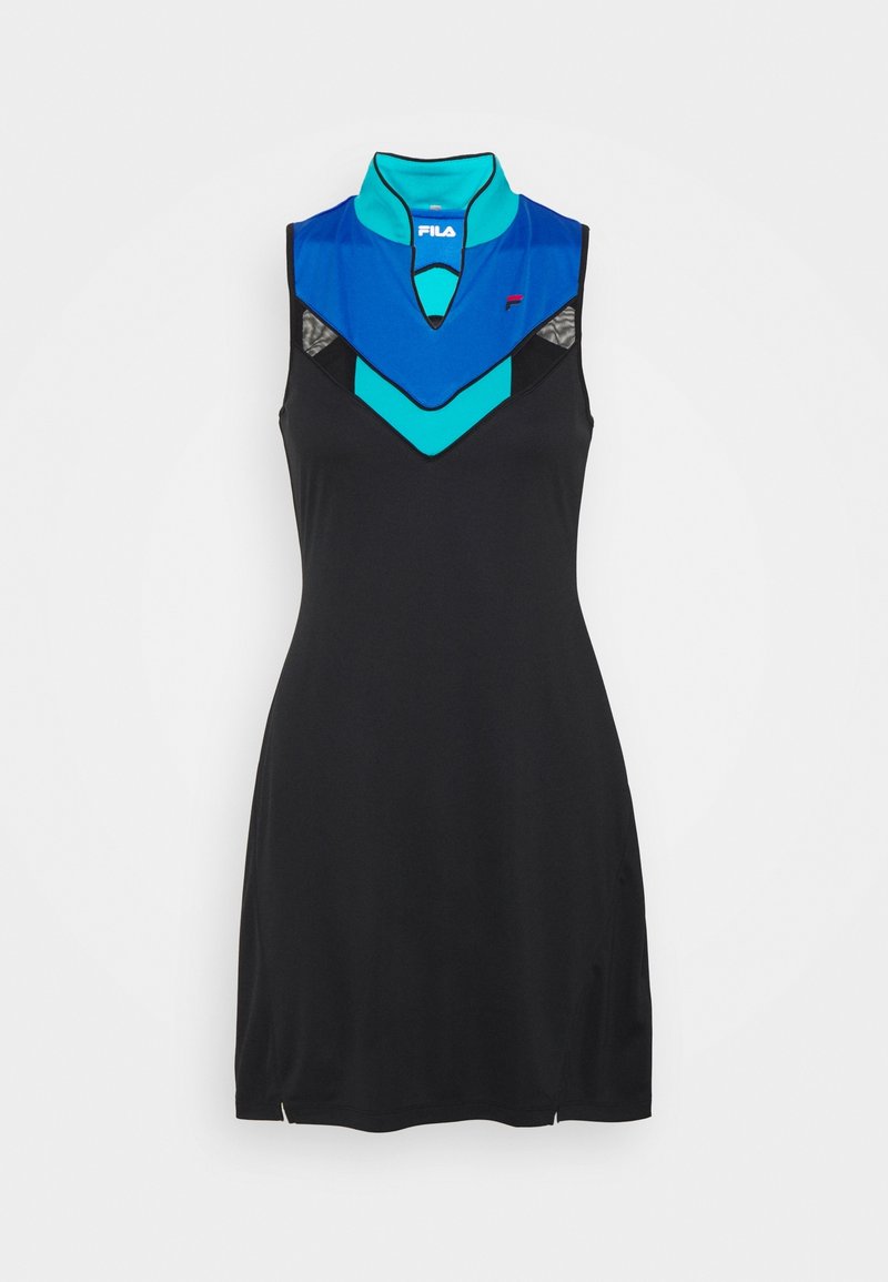 Robe noire sans manches avec des motifs en chevrons bleu et turquoise et un col montant, ornée du logo Fila au niveau du cou et de la poitrine.