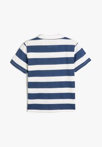 Kortærmet polo-shirt med vandrette navy og hvide striber. Den er lavet af bomuld, har en klassisk krave og en blød tekstur.