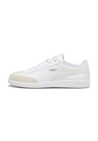 White sneakers with a smooth leather upper, suede toe cap, flat lace closure, and a rubber sole. Features minimal branding.