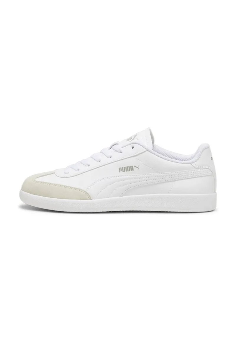 White sneakers with a smooth leather upper, suede toe cap, flat lace closure, and a rubber sole. Features minimal branding.