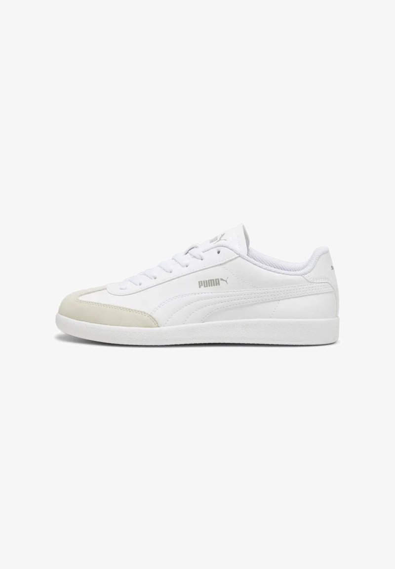 White sneakers with a smooth leather upper, suede toe cap, flat lace closure, and a rubber sole. Features minimal branding.