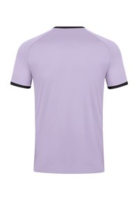 Korte mouwen shirt in licht lavendelkleur met zwarte accenten op de kraag en de manchetten, met een gladde, lichte stof en een eenvoudig ontwerp.