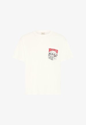 White short-sleeve T-shirt with rounded neckline and small graphic on left chest showing mountains, road, and red text "NOWHERE RD".