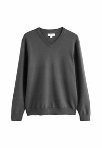 Ciemnoszara sweter z dekoltem w serek i długimi rękawami, z prążkowanymi mankietami i dolnym wykończeniem. Wykonany z miękkiego, teksturowanego materiału o luźnym kroju.