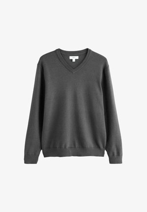Ciemnoszara sweter z dekoltem w serek i długimi rękawami, z prążkowanymi mankietami i dolnym wykończeniem. Wykonany z miękkiego, teksturowanego materiału o luźnym kroju.