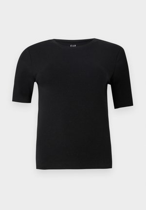 Čierne tričko s krátkymi rukávmi z jemnej bavlny, s okrúhlym výstrihom a jednoduchým dizajnom bez viditeľných vzorov alebo akcentov.