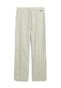 Lichtgroene, wijde broek van zacht materiaal. Bevat een elastische tailleband met trekkoord. Geen zichtbare patronen of hardwaredetails.