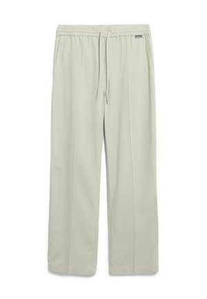 Pantaloni larghi di colore verde chiaro realizzati in tessuto morbido. Presentano una vita elastica con cordoncino. Nessun motivo o dettaglio hardware visibile.